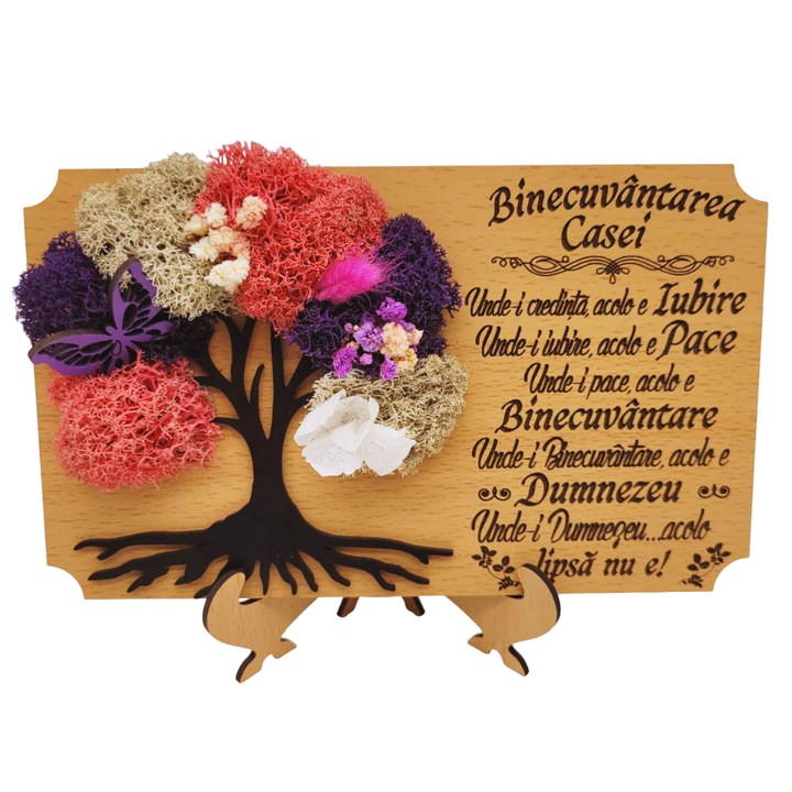 Tablou cu licheni personalizat cu mesaj pentru Familie, Nasi, Fini, Prieteni, Colegi, Nunta, Logodna, Aniversare casnicie, Onomastica - "Binecuvantarea casei", Lemn, Decupaj si Gravura Laser, 20x13 cm, Rica Dreamart, Model 2