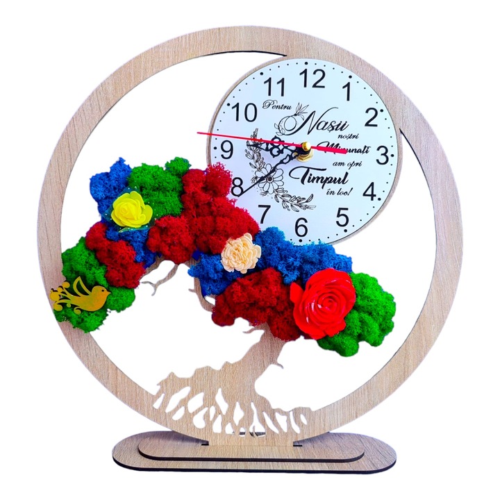 Ceas decorativ bonsai, personalizat cu mesaj standard pentru nasi "Pentru nasii noastri minunati...", decorat cu licheni stabilizati si flori decorative naturale, model 2, crem, 30cm