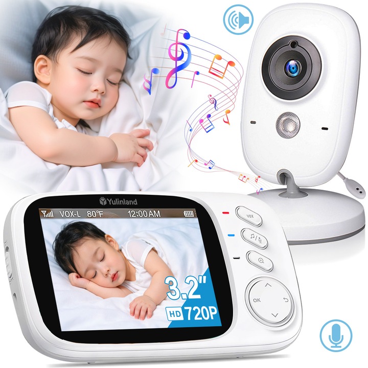 Monitor pentru copii, Audio-Video Wireless, Ecran HD 3.2inch LCD, Mod Vedere Nocturna Infrarosu, Sunet Bidirectional, Termometru, 8 Cantece de Leagan, Alb