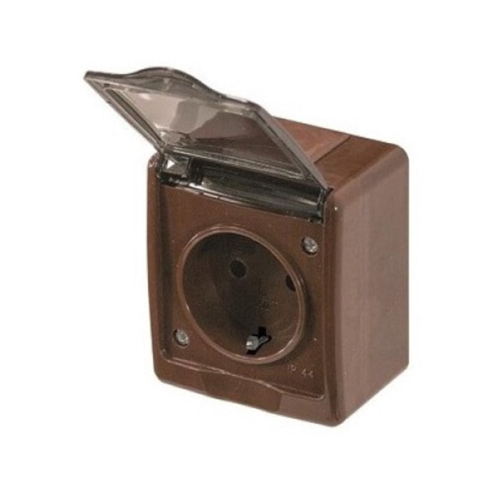 Priza Schuko pentru Exterior IP44 cu Capac Transparent, 2P+E 16A, Montaj Aplicat, Maro, 65x75x48 mm, Pawbol