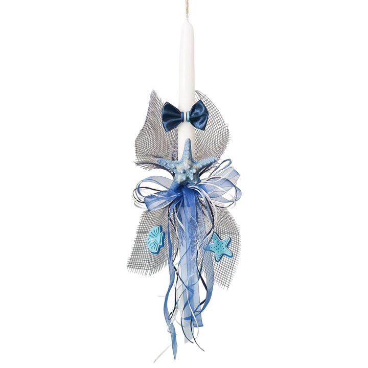 Lumanare Pascala, ornata, FABRICA DE LUMANARI GHIOROC, usor aromata, H40cm D2cm, cu stea de mare, papion, panza si scoici decorative, albastru inchis