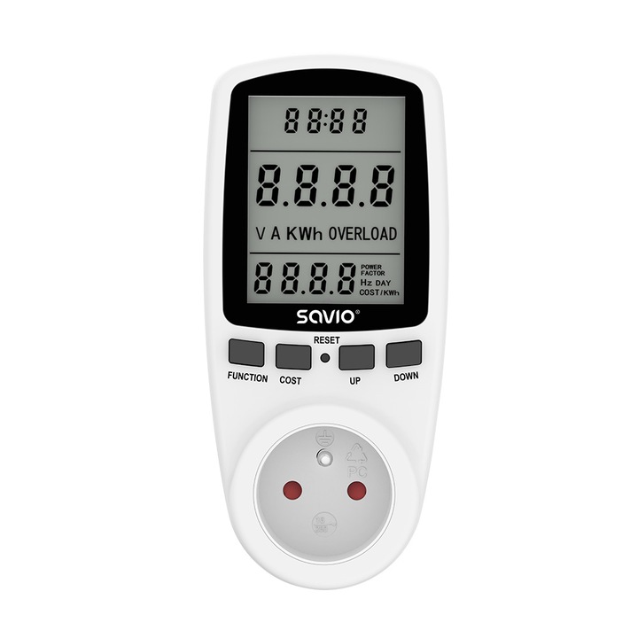 Priza cu contor de energie Savio AE-01, afisaj digital LCD, monitorizare consum de energie, putere maxima 3680 W, alb