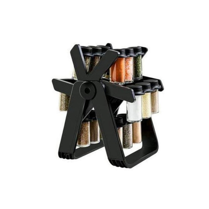 Set 18 recipiente SIKS pentru condimente cu suport rotativ, Organizator rotativ pentru condimente, pivotant 360°, 34x23 cm, Negru