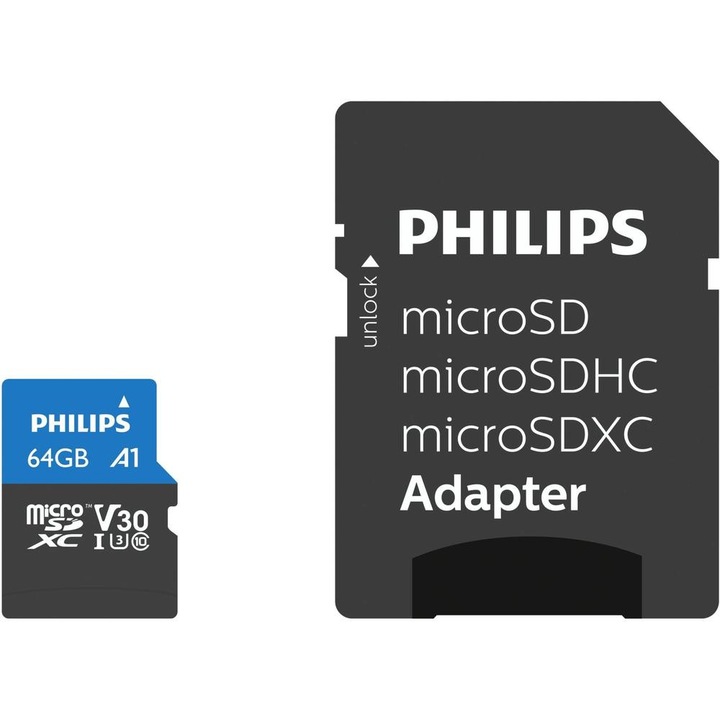 Philips MicroSDXC карта с памет, 64GB, Class 10 UHS-I U3, включен SD адаптер
