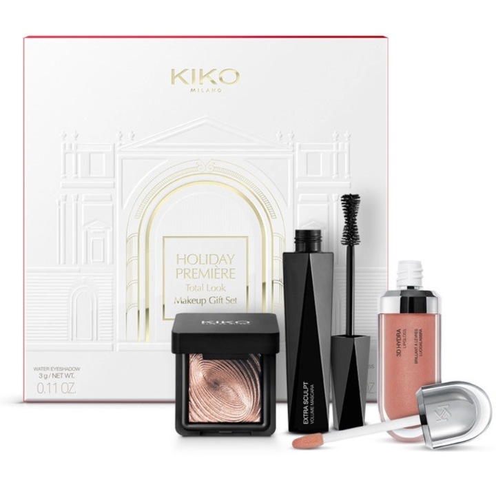 Комплект от 3 продукта Kiko Milano Holiday Première - черна спирала за обем Maxi Volume, сенки за очи и 3D Hydra Гланц за устни