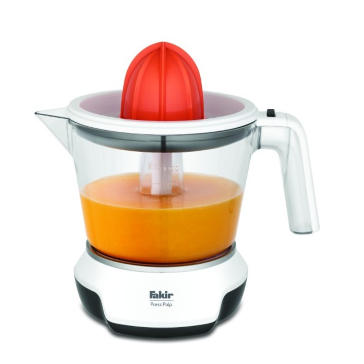 Storcator de citrice Fakir Press Pulp, 30 W, 1000 ml, Pornire/oprire automata, Filtru reglabil, Rotatie bidirectionala, Doua conuri interschimbabile, Alb/Portocaliu