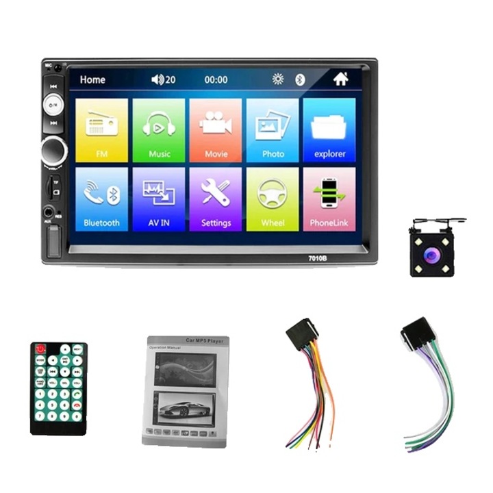 Player auto 7010 Radio 4Led Cam, cu ecran tactil 7 inch, suport camera marsarier, Bluetooth, control volum, multicolor