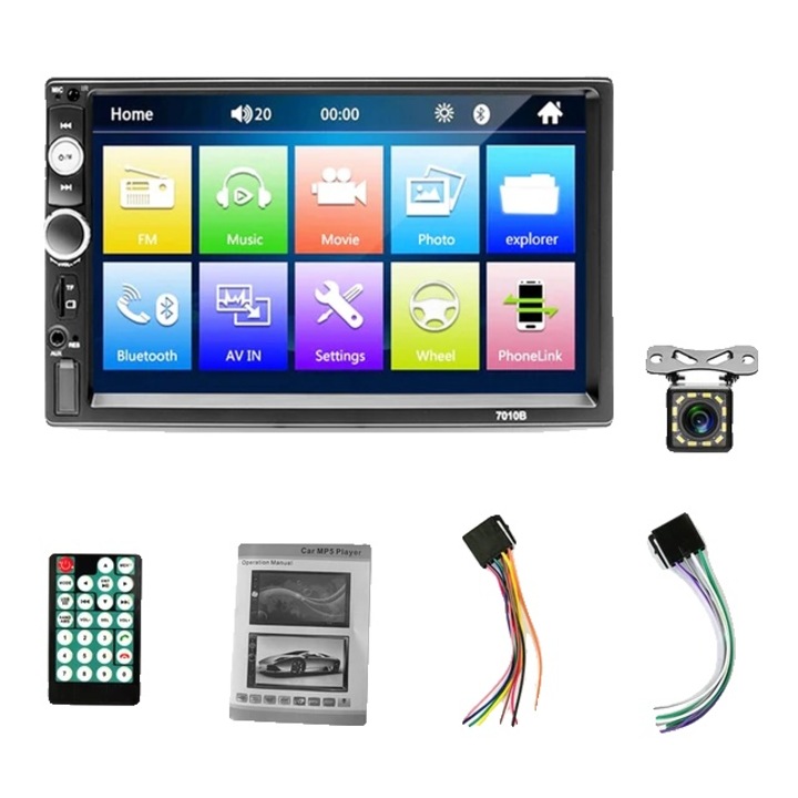 Multimedia player 7010 cu ecran tactil 7 inch, suport camera marsarier, Bluetooth, control remote, multicolor
