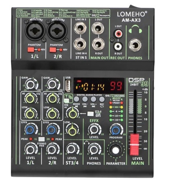 Mixer audio portabil, 4 canale, efecte DSP 99, Bluetooth, inregistrare USB, alimentare EU, negru