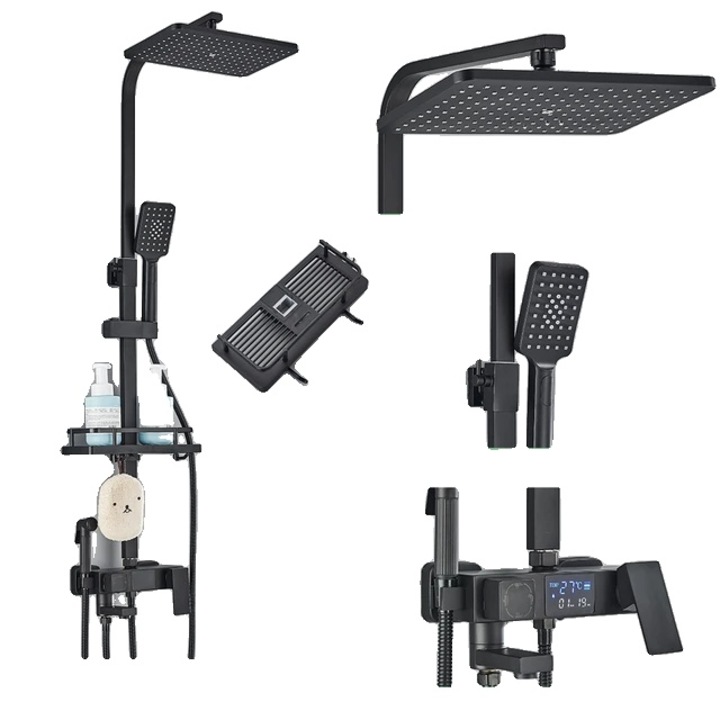 Coloana de dus, negru, control digital, dus cu efect de ploaie, cu suport si sistem bideu, alama