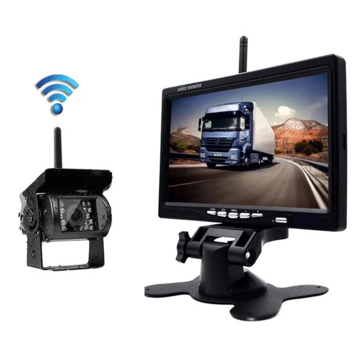 7" TFT LCD монитор за кола, инфрачервен, черен, комплект с камера, скоба за монтаж