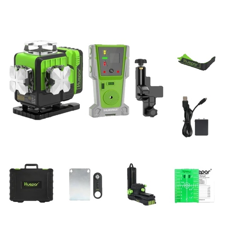 Set de Nivel Laser, 4D 16 Linii, Autonivelant, Fascicul Verde, Control Bluetooth, Baterie Li-Ion, Carcasa de Transport, Receptor Laser, Verde, 40x60m