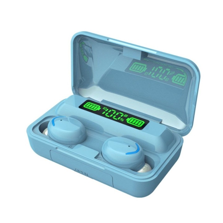 Безжични слушалки Planet Tech, F9-5C, Bluetooth 5.0, TWS, Стерео, IPX7, Цифров дисплей, Водоустойчиви, Син