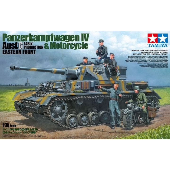 Kit Set Macheta Militara Tamiya Panzerkampfwagen IV Ausf.G Sdkfz 161/1 early production & motorcycle eastern front 2buc +14 ani 1:35 TAM 25209
