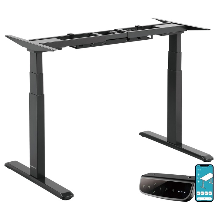Cadru birou reglabil electric StableDesk Pro, 2 motoare, Pana la 125 kg, Organizator cabluri, Touchscreen, Aplicatie Smart, Ergonomic, 3 Functii de Memorie, Sistem Anti-Coliziune, Timer, Inaltime 62-128 cm, Lungime 100-170 cm, Kit Suruburi Instalare Blat