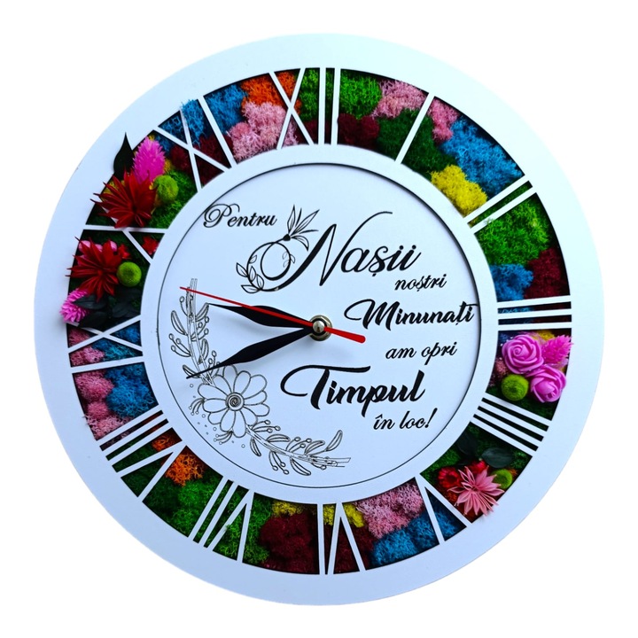 Ceas de perete decorat cu licheni naturali stabilizati, personalizat cu mesaj standard pentru nasi, "Pentru nasii nostri minunati...", 30cm, alb