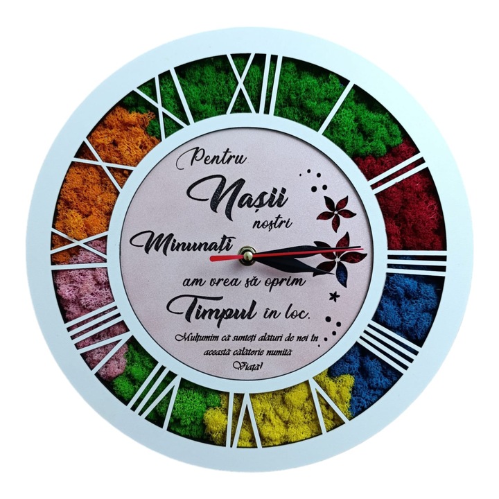 Ceas de perete decorat cu licheni naturali stabilizati, personalizat cu mesaj standard pentru nasi, "Pentru nasii nostri minunati...", 30cm, model 2, alb