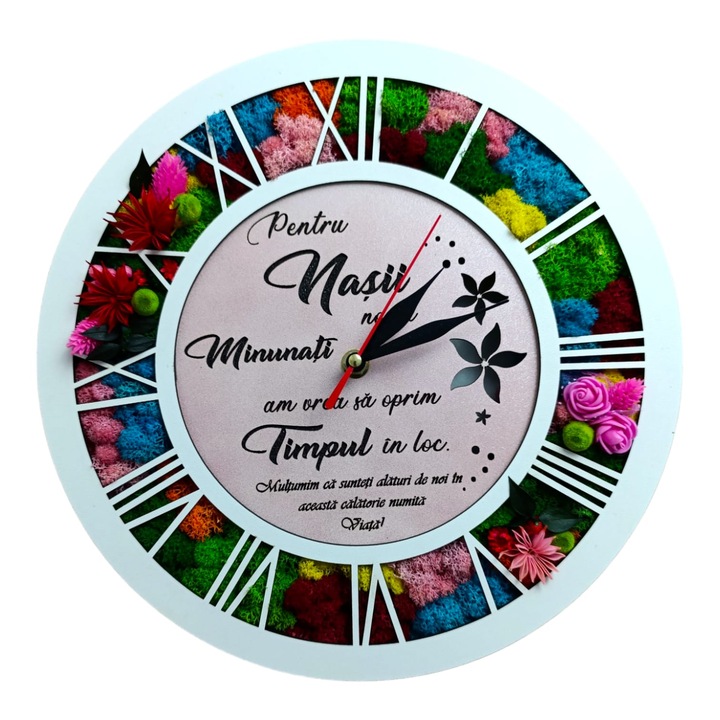 Ceas de perete decorat cu licheni naturali stabilizati, personalizat cu mesaj standard pentru nasi, "Pentru nasii nostri minunati...", 30cm, model 3, alb