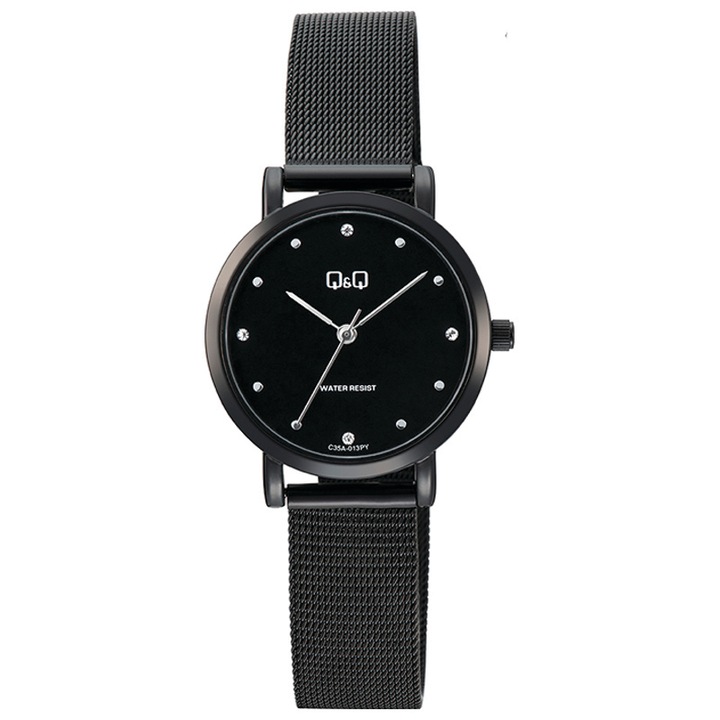 Q&Q női karóra, quartz, fekete színű fémtok, fekete színű számlap, fekete színű acél karcsat, C35A-013PY