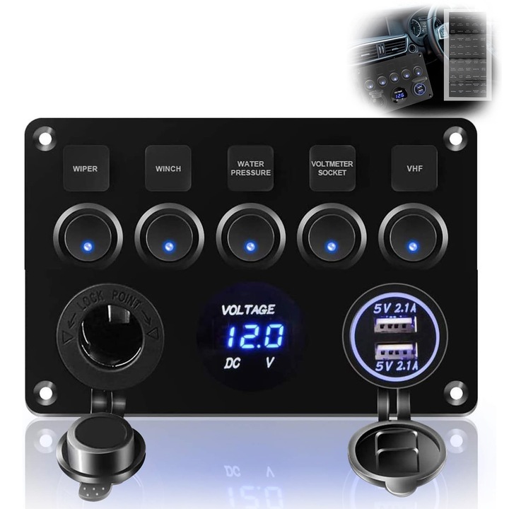 Panou comutator auto, Latauar, 12V/24V, 25℃~85℃, USB dublu, LED, 15 × 10.5 cm, Negru