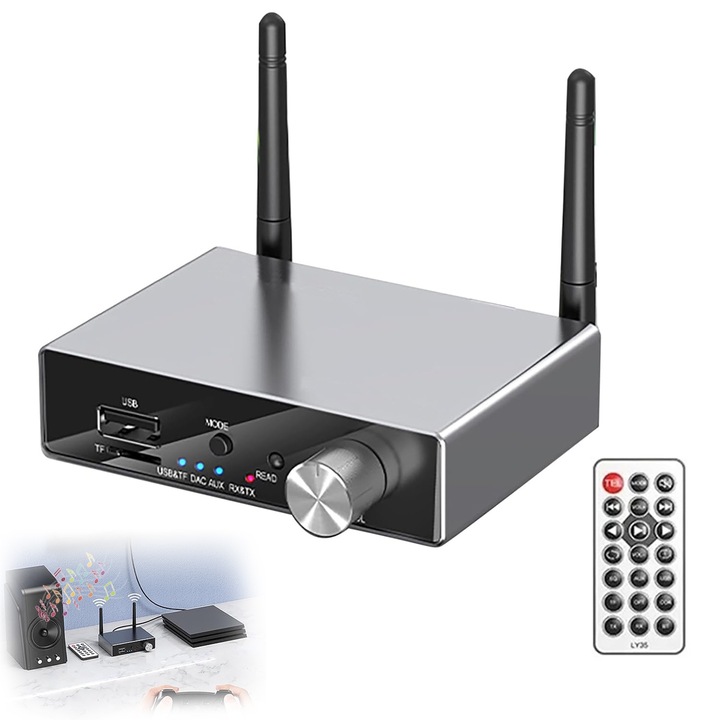 Адаптер за Bluetooth аудио приемник 6 в 1, Latauar, С дистанционно управление, Bluetooth 5.3, Поддръжка на микрофон, AUX/2RCA/FM/USB, 1100mAh, 8.6 x 6 x 2.2 cm, Черен