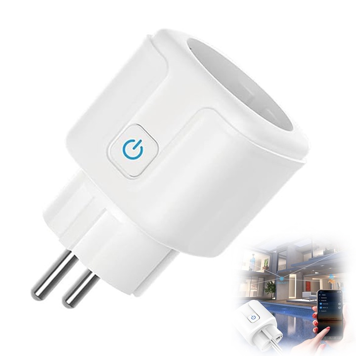 Priza smart, 16A, app Tuya Smart, Latauar, Protectie copii, Monitorizare consum, Compatibil cu Alexa/Google Assistant, Alb