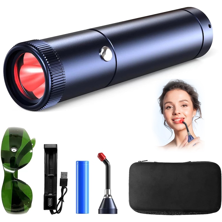 Aparat de Terapie cu Lumina Rosie si Infrarosie Influential Tech, pentru Corp si Fata, Tratament si Alinare Dureri, Efect Antiinfalamator, Reincarcabil prin USB, 5 Lungimi de Unda si 5 LED-uri, 21.3 × 3 cm, albastru