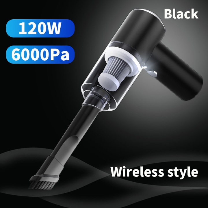 Aspirator Auto Portabil si Puternic: 2 in 1 pentru Masina si Acasa -6000 Pa, Reincarcabil, Ideal pentru Animalele de Companie, Filtru HEPA, Functie de Suflare si Aspirare, Acumulator Durabil 4000 mAh - Argintiu