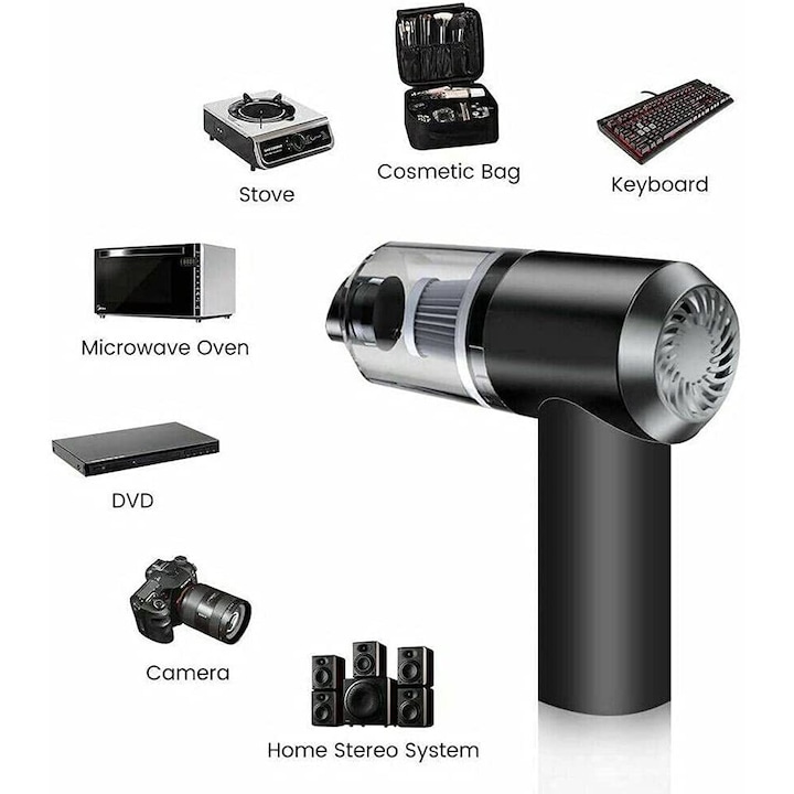 Aspirator Auto Portabil si Puternic: 2 in 1 pentru Masina si Acasa -6000 Pa, Reincarcabil, Ideal pentru Animalele de Companie, Filtru HEPA, Functie de Suflare si Aspirare, Acumulator Durabil 4000 mAh - Argintiu