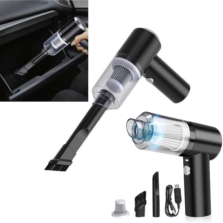 Aspirator Auto Portabil si Puternic: 2 in 1 pentru Masina si Acasa -6000 Pa, Reincarcabil, Ideal pentru Animalele de Companie, Filtru HEPA, Functie de Suflare si Aspirare, Acumulator Durabil 4000 mAh - Argintiu