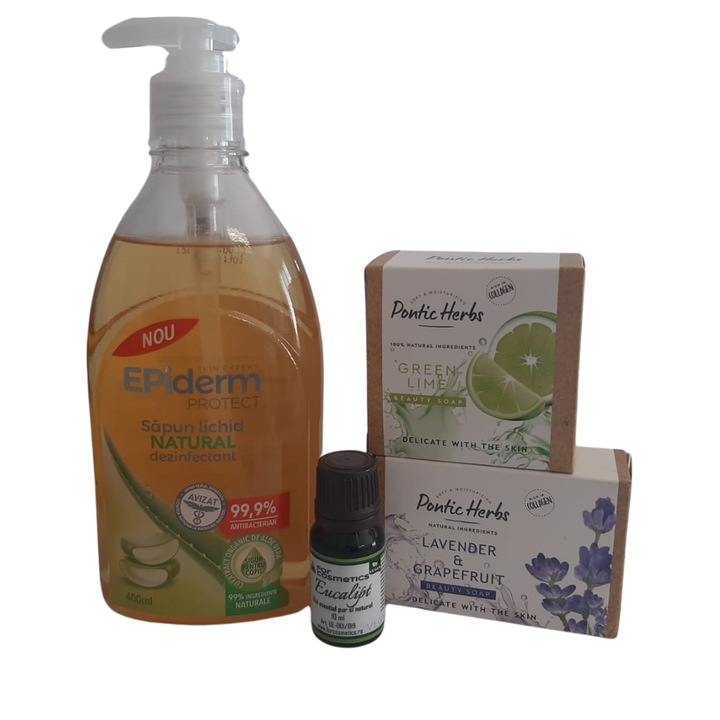 Pachet Sapun lichid natural 400ml, ulei esential eucalipt 10ml, sapun solid green lime 80g, sapun solid lavanda 90g
