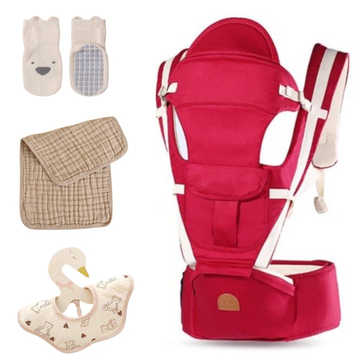 Marsupiu Ergonomic Evrin™, Port-bebe cu 3 Pozitii de Purtare, 100% Bumbac, Suporta 20 kg, Sosete, Babetica si Prosop incluse