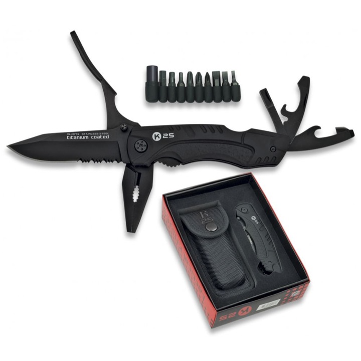 Cleste multifunctional K25, 17 functii, inox, negru, 8cm, husa Nylon