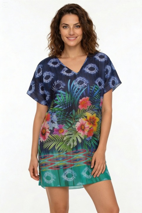 Pareo de plaja, cu model floral, Aker, marime universala, albastru aquamarin