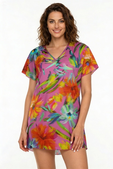 Pareo de plaja, cu model floral, Aker, marime universala, roz