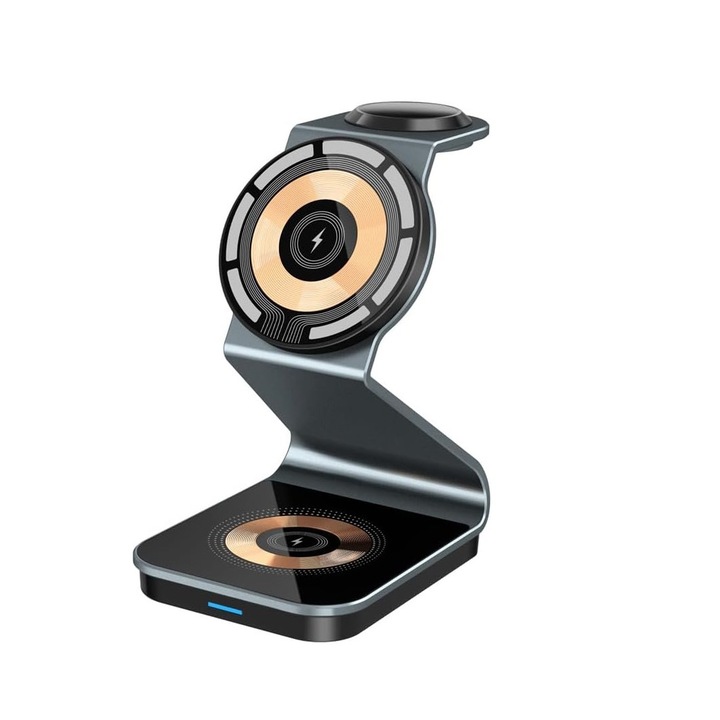 Mágneses töltőállomás, Latauar, Hordozható, Gyorstöltés 15 W, Telefontartó, Alumínium, Kompatibilis a következőkkel: iPhone, Samsung, Xiaomi, Apple Watch, Airpods Pro, Huawei, Oppo, Galaxy Buds, TWS