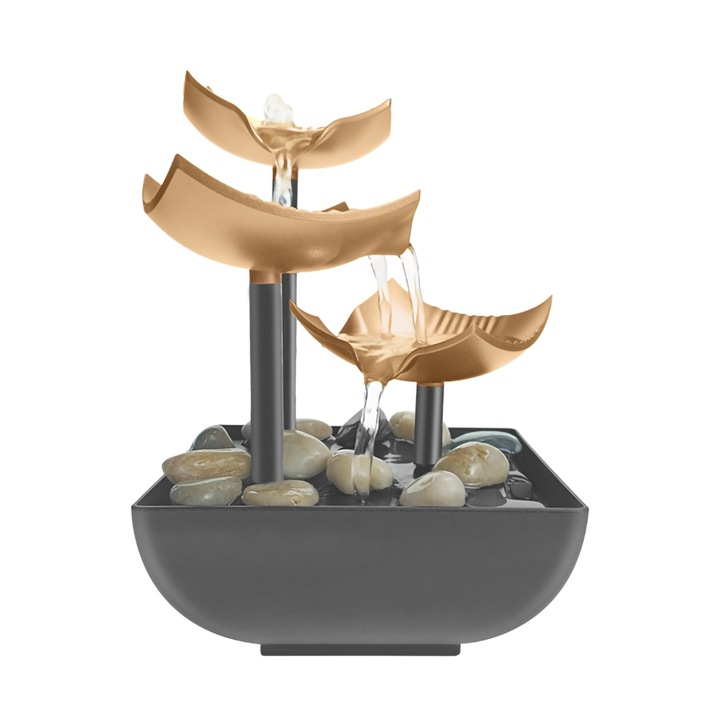 Fantana decorativa de masa, Metal/ABS, 3 niveluri, Pompa automata cu comutator alimentare, 14×14×21 cm, Negru/cupru