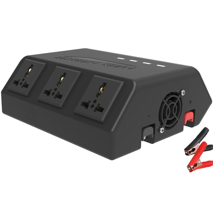 Автомобилен инвертор 12V, чиста синусоида, изходно напрежение 220V, изходна мощност 1000W-2000W, електронен дисплей и 4 USB изхода и 3 220V контакта, с щипка за батерия, HouDeOS®, 18,5 x 16,5 x 7 cm, черен