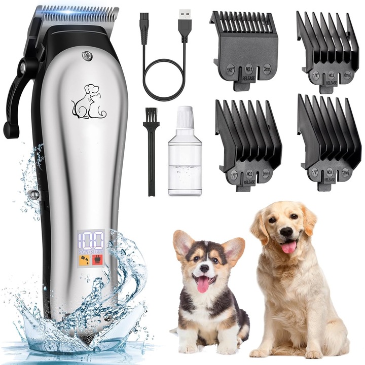 Animal Clipper, BYONDSELF®, 4 sebesség, kerámia pengék, 4 cserélhető fej, LED kijelző, USB töltés, 2000 mAh, alkalmas macskáknak, kutyáknak