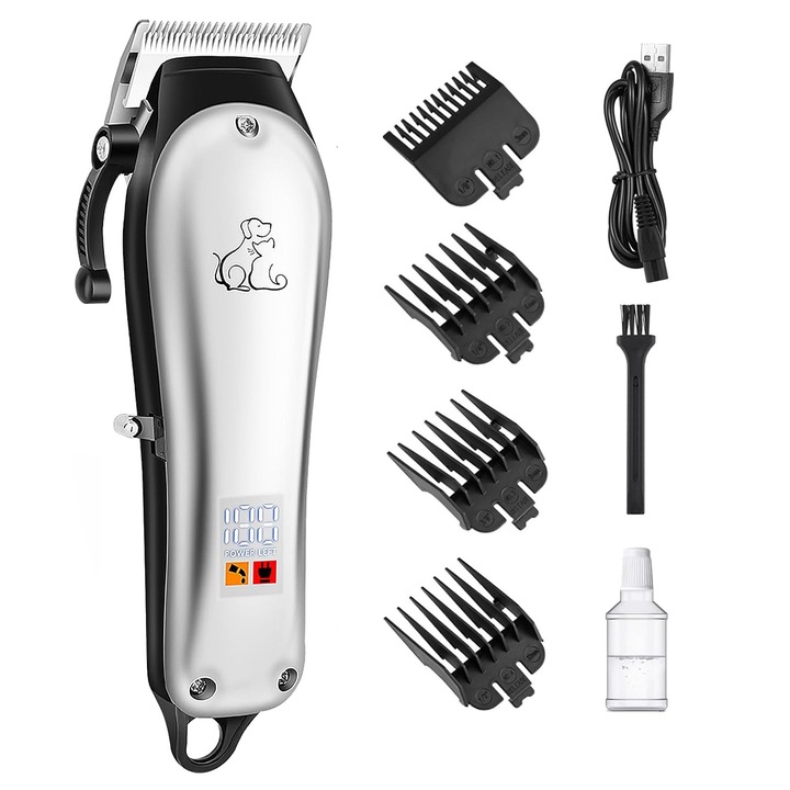 Машинка за подстригване на животни, BYONDSELF®, 4 скорости, керамични остриета, 4 сменяеми глави, LED дисплей, USB зареждане, 2000 mAh, подходяща за котки, кучета