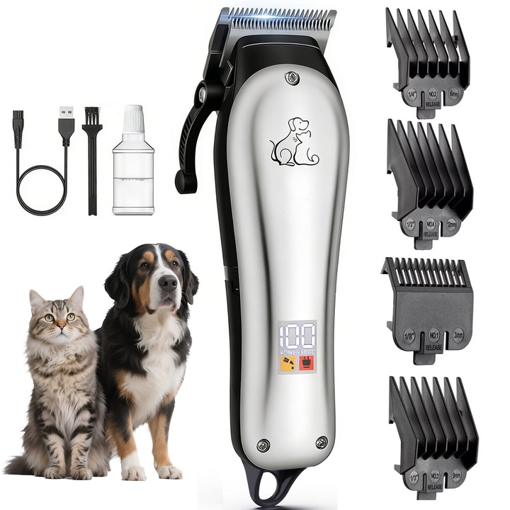 Masina de Tuns Animale, BYONDSELF®, 4 Viteze, Lame Ceramice, 4 Capete Schimb, Ecran LED, Incarcare USB, 2000mAh, Potrivit pentru Pisici, Caini