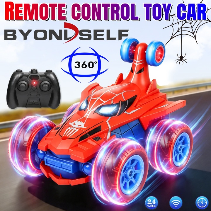 Masina cu Telecomanda, BYONDSELF®, 2.4GHz, Rotire 360, 4WD, Amortizare, Incarcare USB, Rezistent Impact, Iumini LED, Rosu