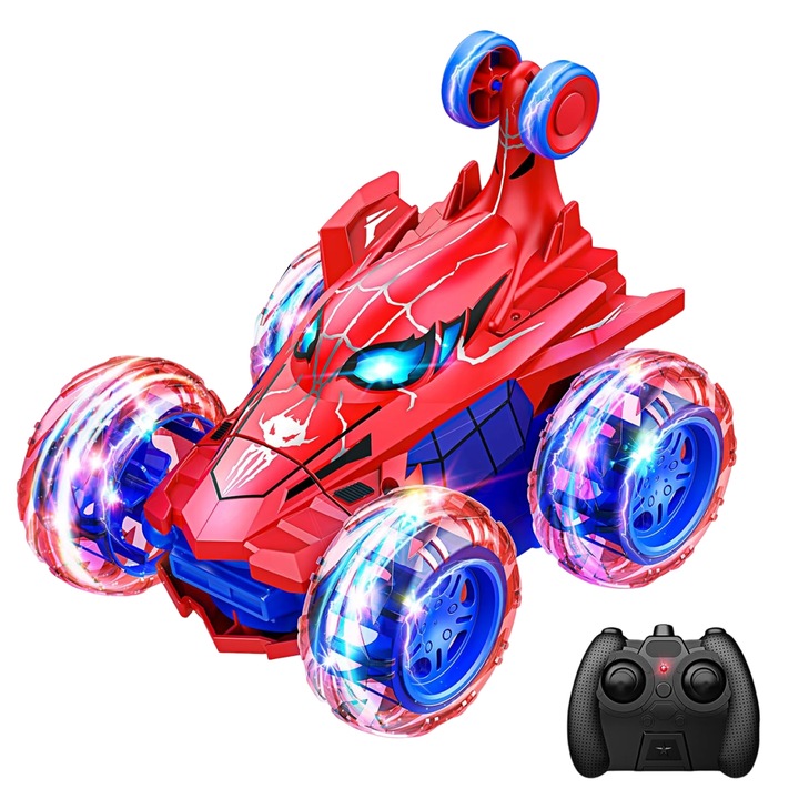 Távirányítós autó, BYONDSELF®, 2,4 GHz, 360 forgás, 4WD, csillapítás, USB töltés, ütésálló, LED lámpák, piros