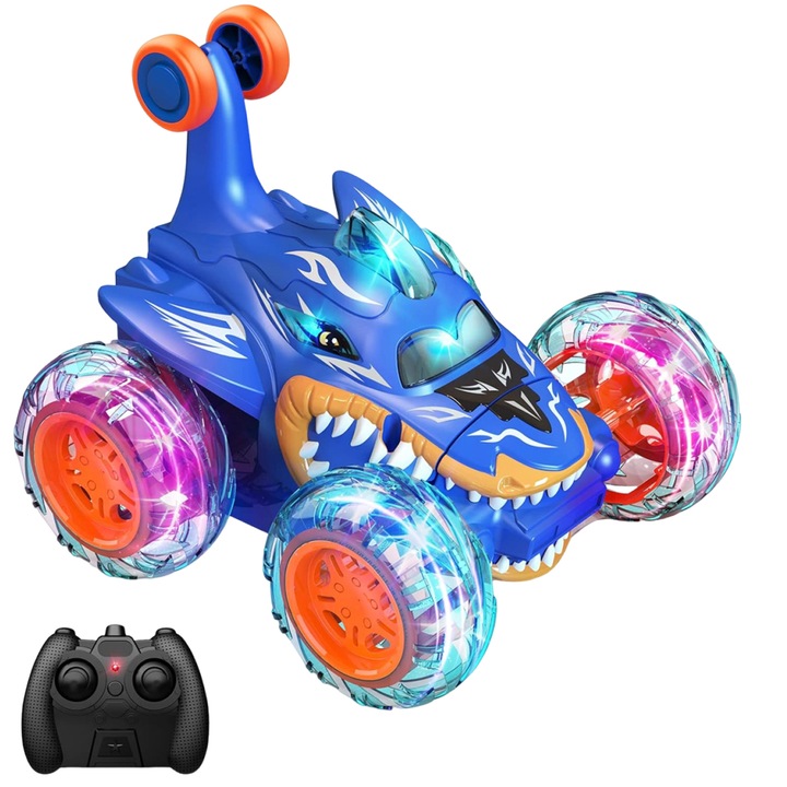 Кола с дистанционно управление, BYONDSELF, Shark Stunt Car, 360 ротация, 4WD, 2,4 GHz, USB зареждане, омекотяване, противоплъзгаща се, удароустойчива, със светлинни ефекти