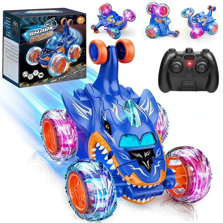 Masina cu Telecomanda, BYONDSELF®, Masina cu Acrobatii Rechin, Rotire 360, 4WD, 2.4GHz, Incarcare USB, Amortizare, Antiderapant, Rezistent Impact, cu Efecte Luminoase