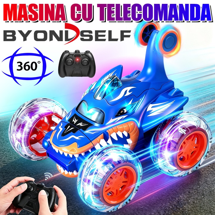 Masina cu Telecomanda, BYONDSELF®, Masina cu Acrobatii Rechin, Rotire 360, 4WD, 2.4GHz, Incarcare USB, Amortizare, Antiderapant, Rezistent Impact, cu Efecte Luminoase