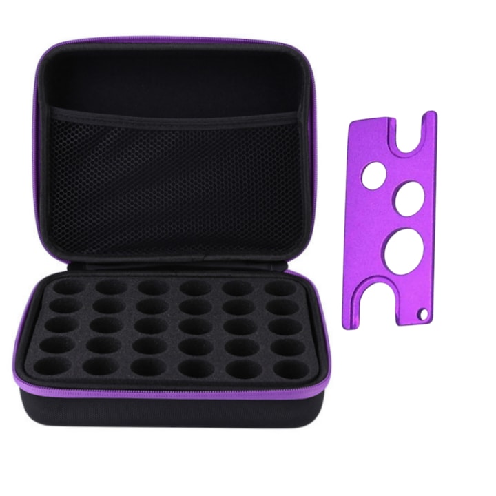 Органайзер тип чанта, enkourakoko®, за 30 контейнера от 5 ml/10 ml/15 ml етерични масла, парфюми или други аромати, с универсално отваряне и затваряне, лилав цип