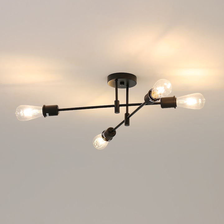 LED таванна лампа, Goeco, винтидж E27, желязна, 4 лампи, 40W 220V, черна
