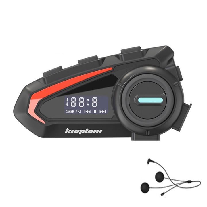 Sistem de comunicare interfon pentru motociclete, cu casti wireless, Bluetooth, rezistent la apa, ecran, microfon moale, negru