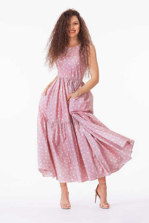 CAMISSI, Rochie evazata fara maneci cu buzunare laterale, Alb/Roz prafuit